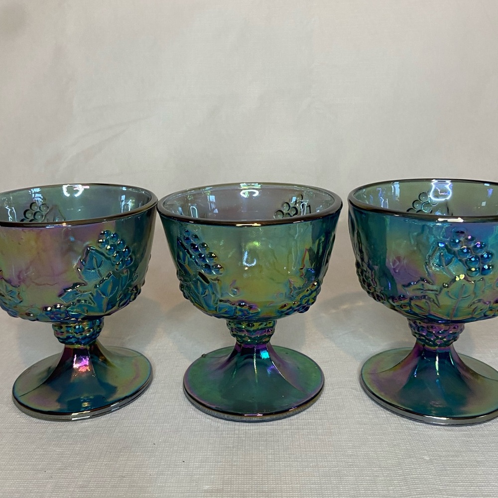 Indiana Harvest Carnival Glass Sherbet Set of 3 Iridescent Blue